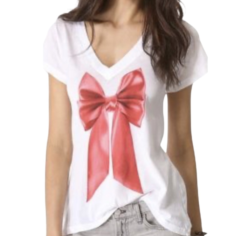 Wildfox White V-Neck Tee With Pink Bow